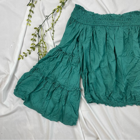 Free People Free Spirit Off The Shoulder Bell Sleeve Flowy Green Blouse Top XS - Picture 3 of 8